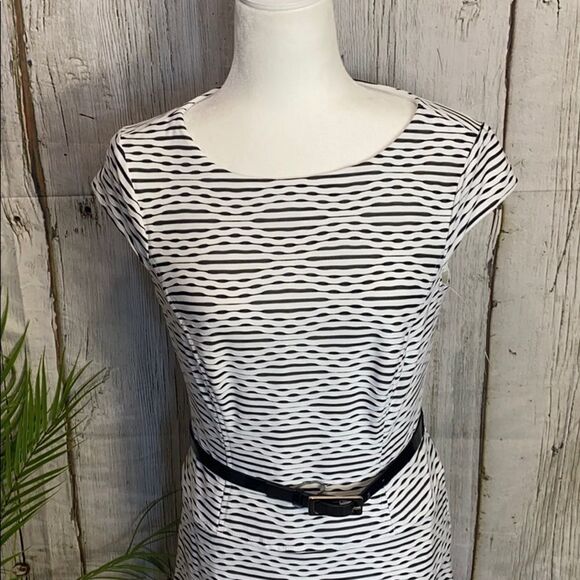Anne Klein Black and White Ripple Cap Sleeve Midi Dress Size 6  325 - Picture 2 of 14